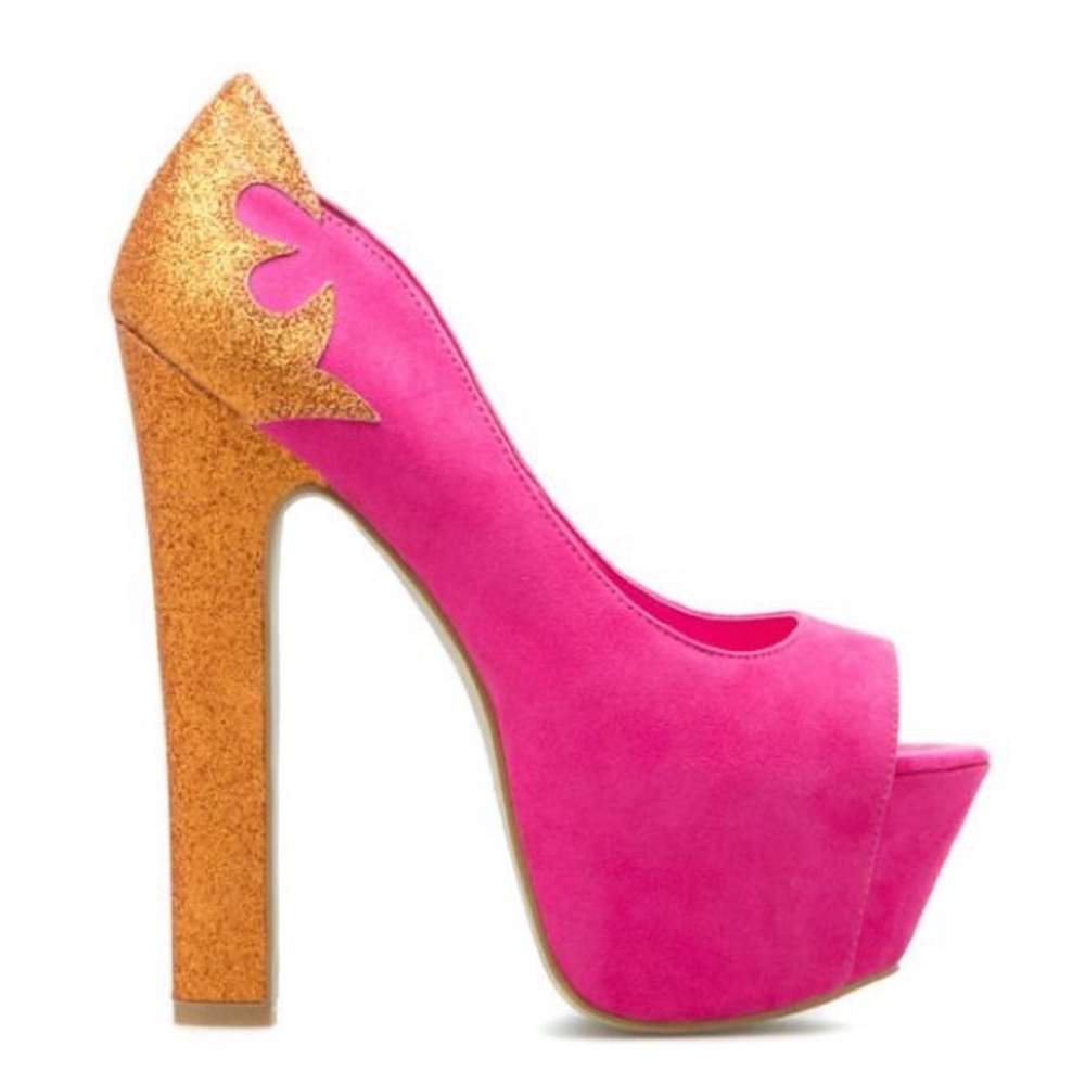 SHOE DAZZLE “Scene” pink & orange glitter platform pumps